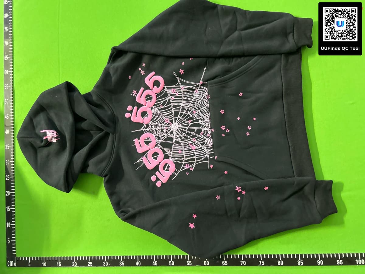 Sp5der Hoodle美式潮牌55555蜘蛛网PINK印花潮流加绒连帽衫卫衣 — foto QC 1